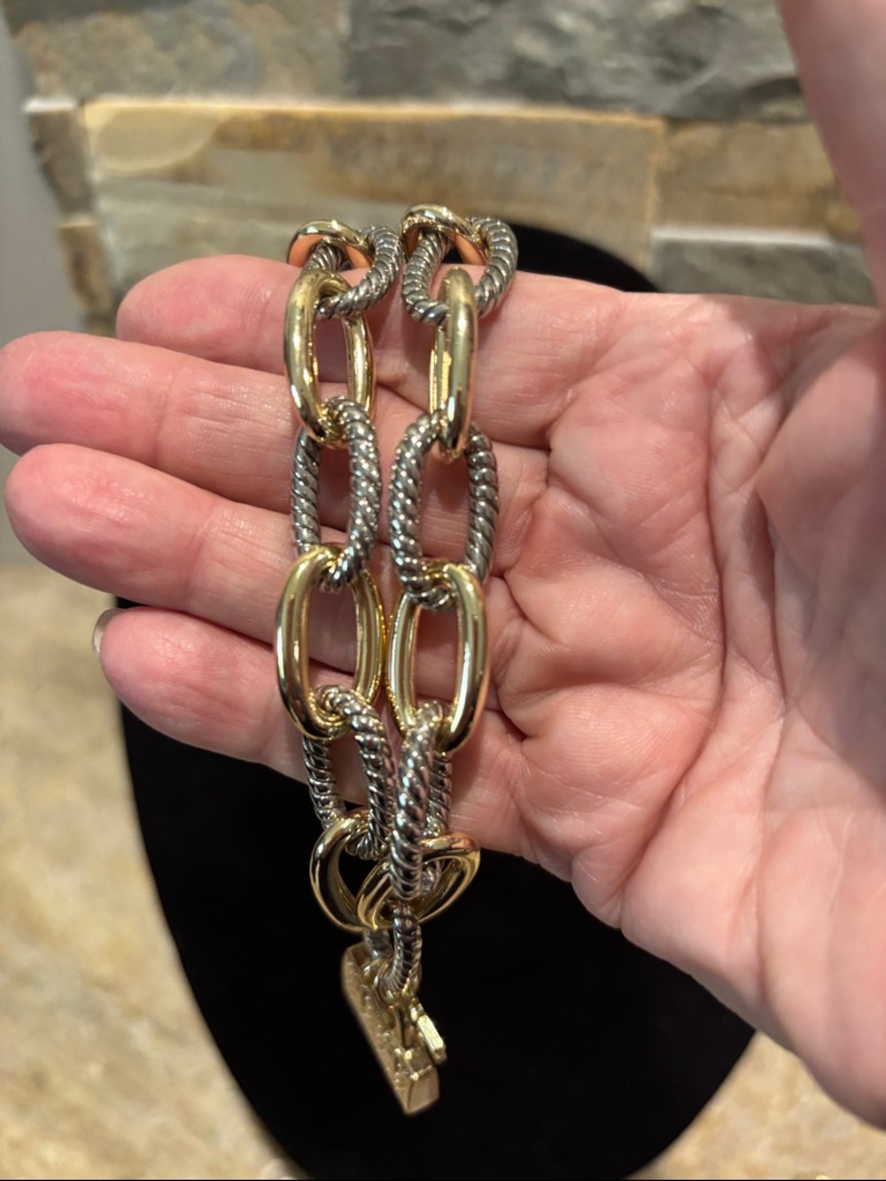 Gold & Silver Two-Tone chunky Chain Necklace with LV purse Charm - Picture 5 of 6